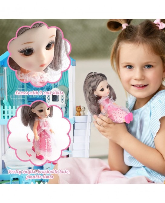 Dollhouse - Doll House 4-5 Year Old with Lights - Toddler Girls Doll House 3-5 Year Old 20" x 19" x 11" with 2 Dolls 3 Prince...