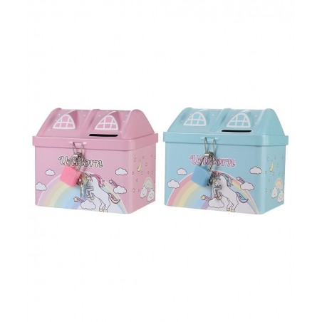 2pcs Unicorn Piggy Bank Rainbow House Shape Iron Coin Bank Money Saving Pot Box with Padlock for Birthday Gift Kids Home Deco...
