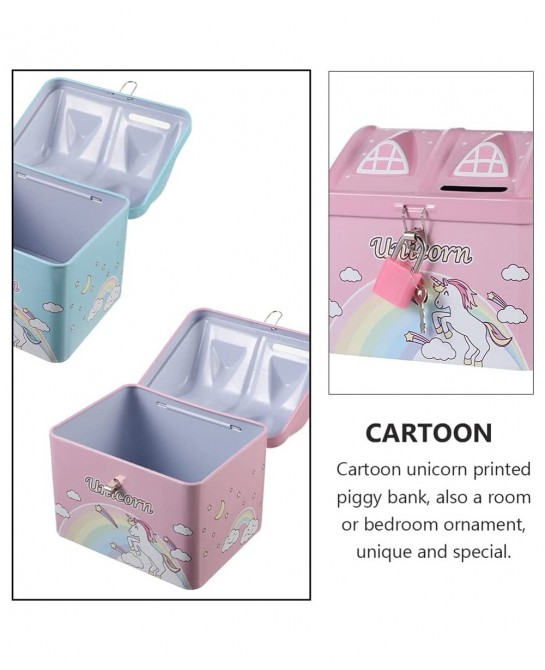 2pcs Unicorn Piggy Bank Rainbow House Shape Iron Coin Bank Money Saving Pot Box with Padlock for Birthday Gift Kids Home Deco...