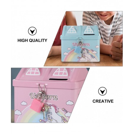 2pcs Unicorn Piggy Bank Rainbow House Shape Iron Coin Bank Money Saving Pot Box with Padlock for Birthday Gift Kids Home Deco...