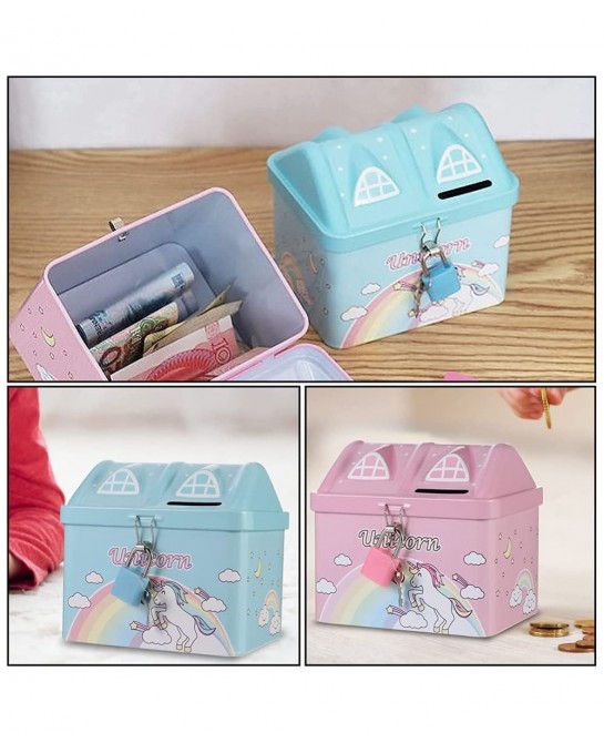 2pcs Unicorn Piggy Bank Rainbow House Shape Iron Coin Bank Money Saving Pot Box with Padlock for Birthday Gift Kids Home Deco...