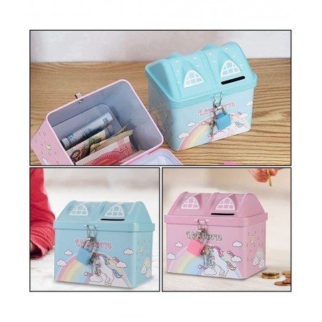 2pcs Unicorn Piggy Bank Rainbow House Shape Iron Coin Bank Money Saving Pot Box with Padlock for Birthday Gift Kids Home Deco...