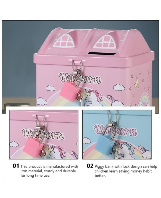 2pcs Unicorn Piggy Bank Rainbow House Shape Iron Coin Bank Money Saving Pot Box with Padlock for Birthday Gift Kids Home Deco...