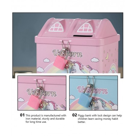 2pcs Unicorn Piggy Bank Rainbow House Shape Iron Coin Bank Money Saving Pot Box with Padlock for Birthday Gift Kids Home Deco...