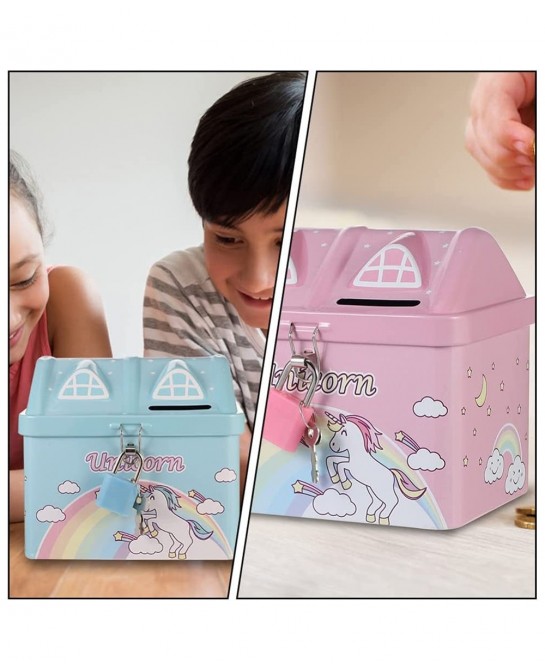 2pcs Unicorn Piggy Bank Rainbow House Shape Iron Coin Bank Money Saving Pot Box with Padlock for Birthday Gift Kids Home Deco...