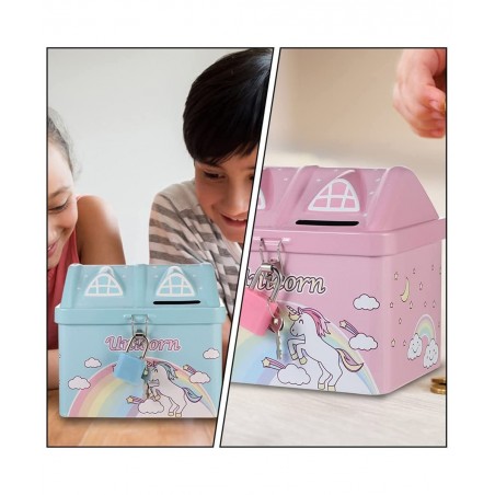 2pcs Unicorn Piggy Bank Rainbow House Shape Iron Coin Bank Money Saving Pot Box with Padlock for Birthday Gift Kids Home Deco...