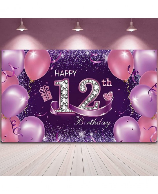 Happy Birthday Party Decorations Large Fabric Happy 12th Anniversary Birthday Sign Banner Pink Purple Photo Booth Backdrop Ba...