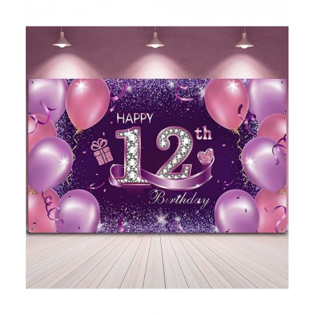Happy Birthday Party Decorations Large Fabric Happy 12th Anniversary Birthday Sign Banner Pink Purple Photo Booth Backdrop Ba...
