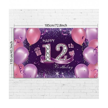 Happy Birthday Party Decorations Large Fabric Happy 12th Anniversary Birthday Sign Banner Pink Purple Photo Booth Backdrop Ba...