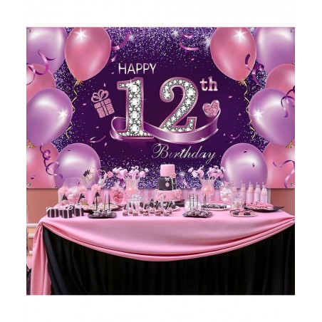 Happy Birthday Party Decorations Large Fabric Happy 12th Anniversary Birthday Sign Banner Pink Purple Photo Booth Backdrop Ba...