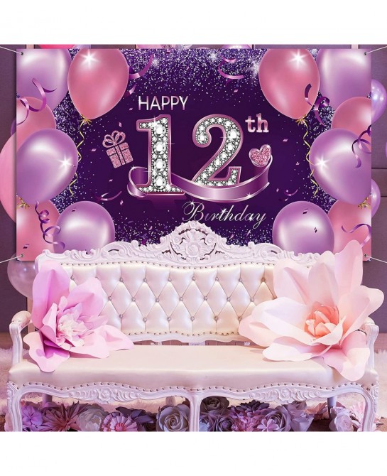 Happy Birthday Party Decorations Large Fabric Happy 12th Anniversary Birthday Sign Banner Pink Purple Photo Booth Backdrop Ba...