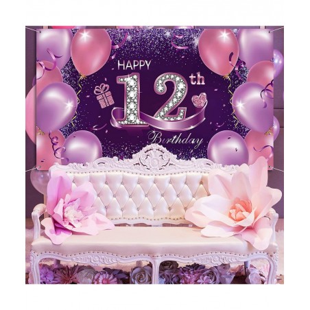 Happy Birthday Party Decorations Large Fabric Happy 12th Anniversary Birthday Sign Banner Pink Purple Photo Booth Backdrop Ba...