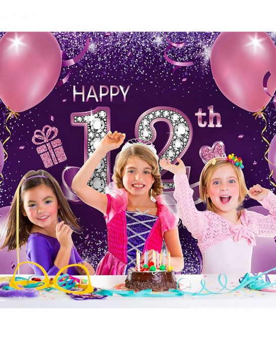 Happy Birthday Party Decorations Large Fabric Happy 12th Anniversary Birthday Sign Banner Pink Purple Photo Booth Backdrop Ba...
