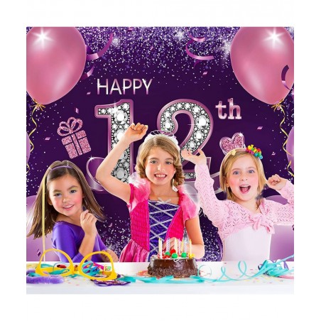Happy Birthday Party Decorations Large Fabric Happy 12th Anniversary Birthday Sign Banner Pink Purple Photo Booth Backdrop Ba...