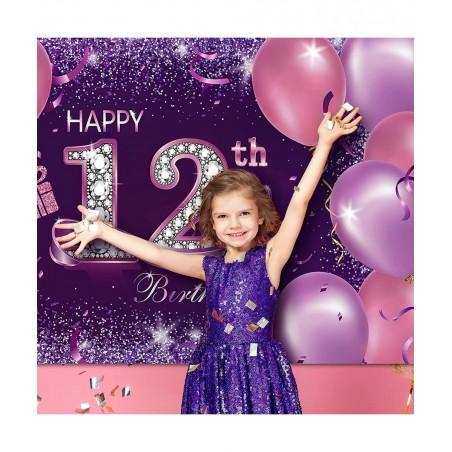 Happy Birthday Party Decorations Large Fabric Happy 12th Anniversary Birthday Sign Banner Pink Purple Photo Booth Backdrop Ba...