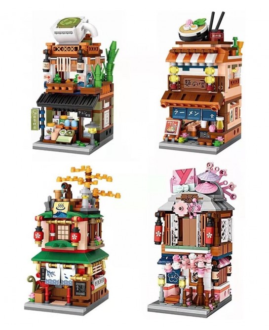 Japanese Street View Shop Building Blocks House Toy 4 Models Mini DIY Building Blocks Model MOC Construction Toy Gift for 6-1...