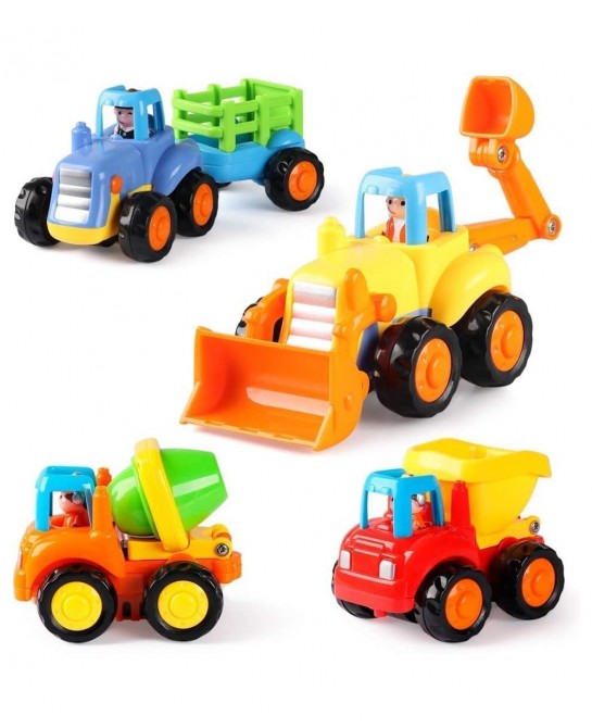 4 Pack Friction Powered Cars Construction Vehicles Toy Set Cartoon Push and Go Car Tractor Bulldozer Cement Mixer Truck Dumpe...