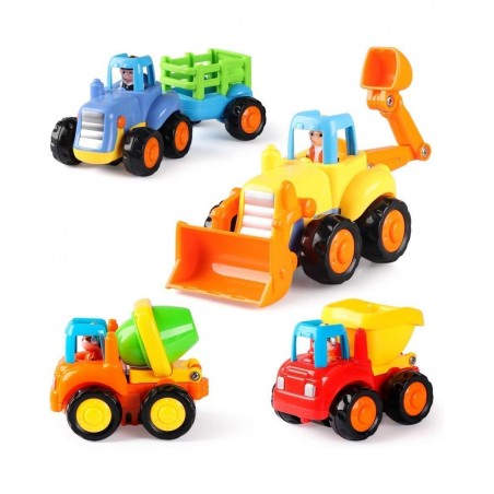4 Pack Friction Powered Cars Construction Vehicles Toy Set Cartoon Push and Go Car Tractor Bulldozer Cement Mixer Truck Dumpe...