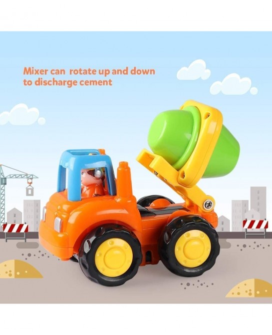 4 Pack Friction Powered Cars Construction Vehicles Toy Set Cartoon Push and Go Car Tractor Bulldozer Cement Mixer Truck Dumpe...