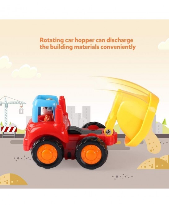 4 Pack Friction Powered Cars Construction Vehicles Toy Set Cartoon Push and Go Car Tractor Bulldozer Cement Mixer Truck Dumpe...