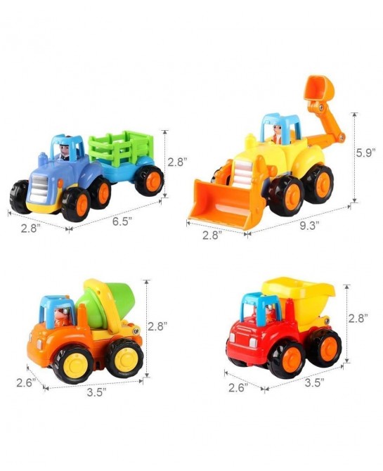 4 Pack Friction Powered Cars Construction Vehicles Toy Set Cartoon Push and Go Car Tractor Bulldozer Cement Mixer Truck Dumpe...