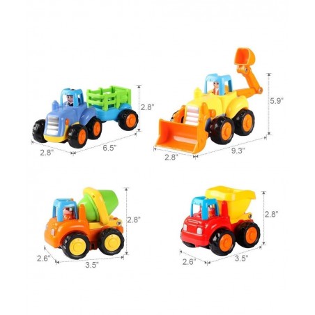 4 Pack Friction Powered Cars Construction Vehicles Toy Set Cartoon Push and Go Car Tractor Bulldozer Cement Mixer Truck Dumpe...