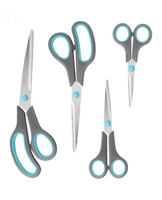 Scissors Set of 4 Premium Stainless Steel Razor Blades Ergonomic Semi-Soft Rubber Grip Suitable for School Office and Family ...