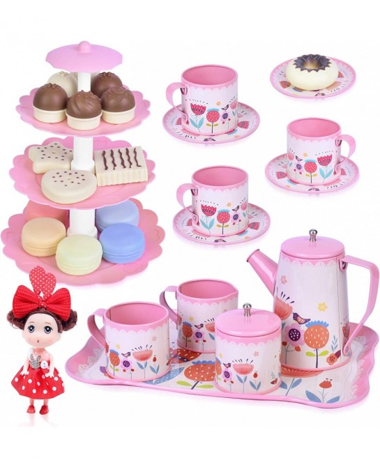 Little Girls Tea Party Set - 38 Princess Tea Party Toys Including Teapot Tray Dessert Tower Cookie Cake & Super Cute Dolls Gi...