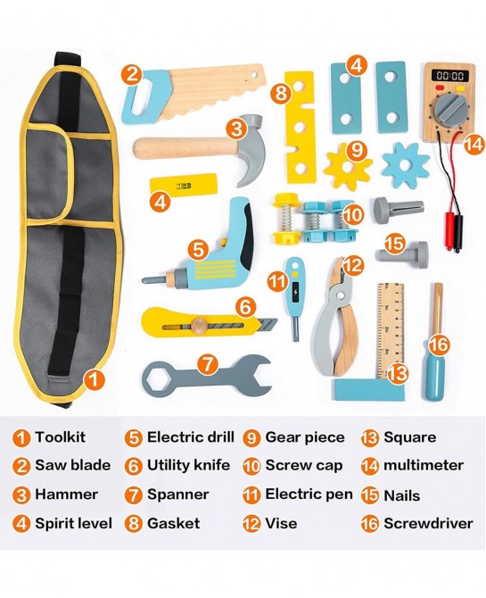 Wooden Kids Tool Set for Toddlers Pretend Toy 25 Pieces Construction Tool Toy Set Backpack for 3 4 and 5 Year Old Girls and B...