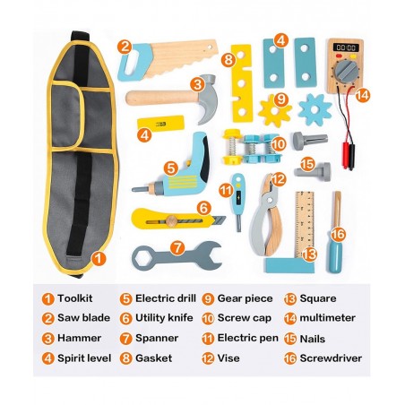 Wooden Kids Tool Set for Toddlers Pretend Toy 25 Pieces Construction Tool Toy Set Backpack for 3 4 and 5 Year Old Girls and B...