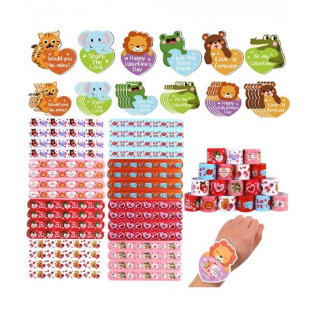 Valentine's Day Slap Bracelet Set 32pcs Animal Heart Snap Bracelet Wristband and 36pcs Gift Cards for Kids School Classroom G...