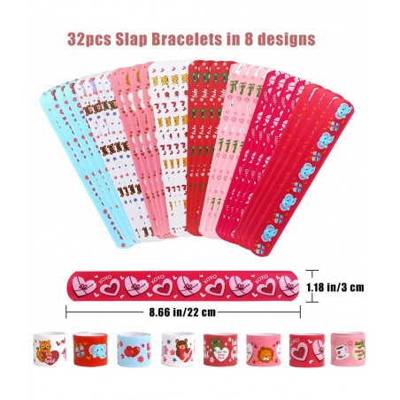 Valentine's Day Slap Bracelet Set 32pcs Animal Heart Snap Bracelet Wristband and 36pcs Gift Cards for Kids School Classroom G...