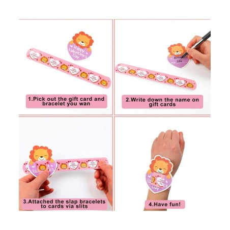 Valentine's Day Slap Bracelet Set 32pcs Animal Heart Snap Bracelet Wristband and 36pcs Gift Cards for Kids School Classroom G...