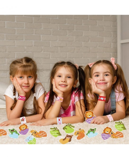 Valentine's Day Slap Bracelet Set 32pcs Animal Heart Snap Bracelet Wristband and 36pcs Gift Cards for Kids School Classroom G...
