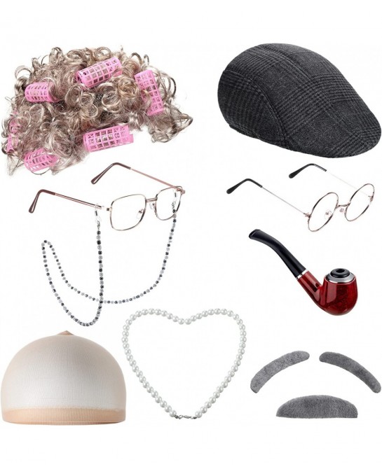 9 Pieces Old Lady Costume Set Old Man Costume Granny Costume for Kids Halloween 1920s Gatsby Old Lady Wig Grandma Costume (Gr...