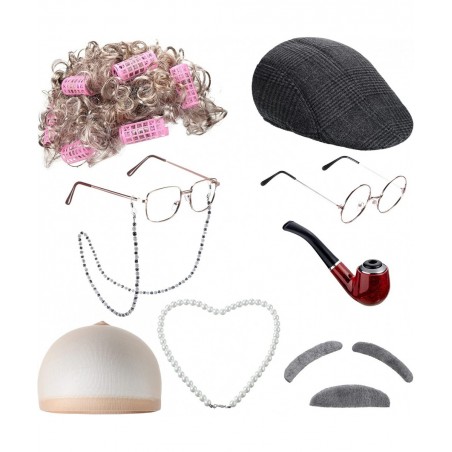 9 Pieces Old Lady Costume Set Old Man Costume Granny Costume for Kids Halloween 1920s Gatsby Old Lady Wig Grandma Costume (Gr...