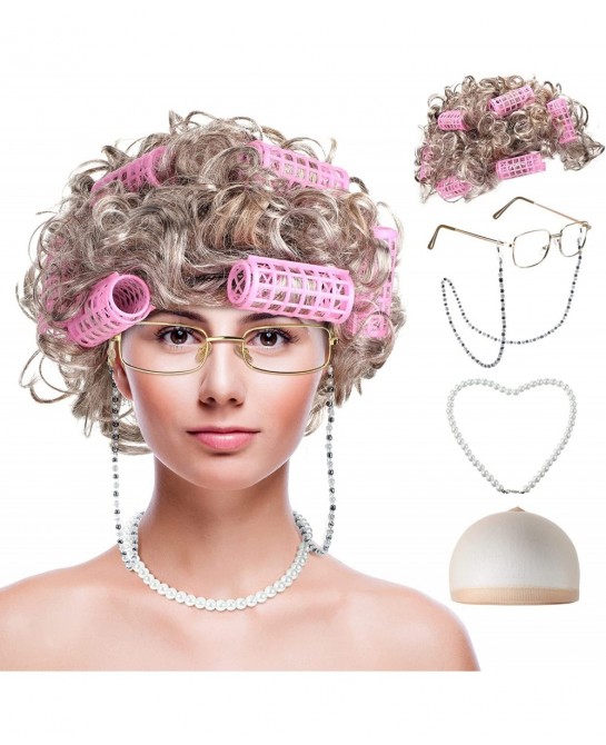 9 Pieces Old Lady Costume Set Old Man Costume Granny Costume for Kids Halloween 1920s Gatsby Old Lady Wig Grandma Costume (Gr...