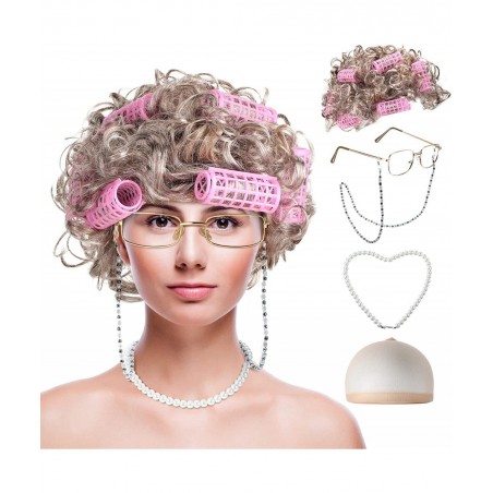 9 Pieces Old Lady Costume Set Old Man Costume Granny Costume for Kids Halloween 1920s Gatsby Old Lady Wig Grandma Costume (Gr...