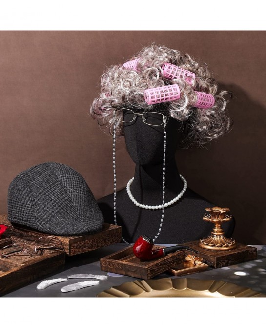 9 Pieces Old Lady Costume Set Old Man Costume Granny Costume for Kids Halloween 1920s Gatsby Old Lady Wig Grandma Costume (Gr...