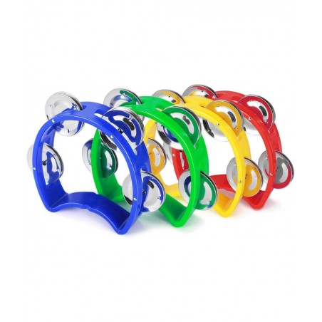 Half Moon Musical Tambourine Set of 4 Red Yellow Blue Green Double Row Metal Jingles Hand Held Percussion Drum with Ergonomic...