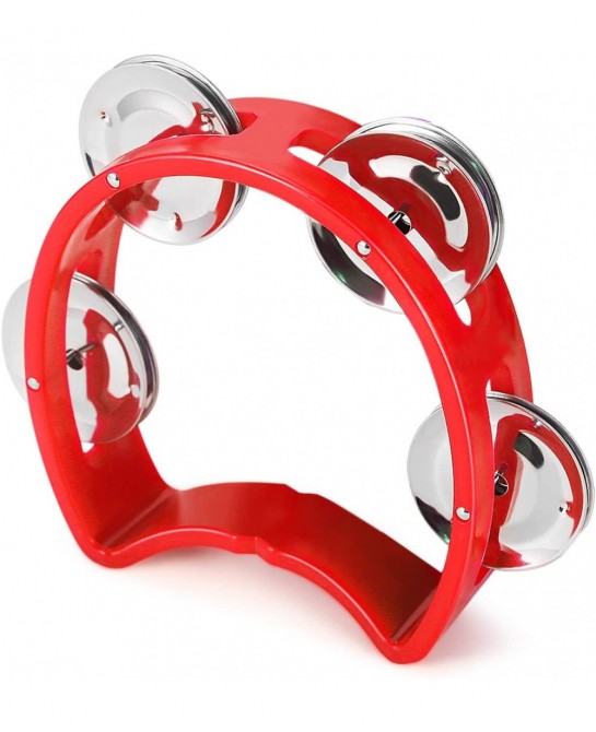 Half Moon Musical Tambourine Set of 4 Red Yellow Blue Green Double Row Metal Jingles Hand Held Percussion Drum with Ergonomic...