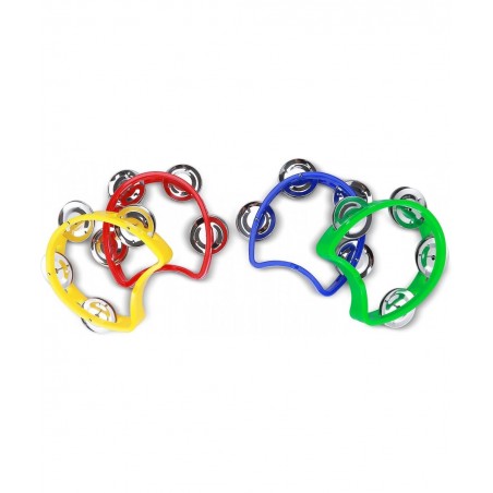 Half Moon Musical Tambourine Set of 4 Red Yellow Blue Green Double Row Metal Jingles Hand Held Percussion Drum with Ergonomic...