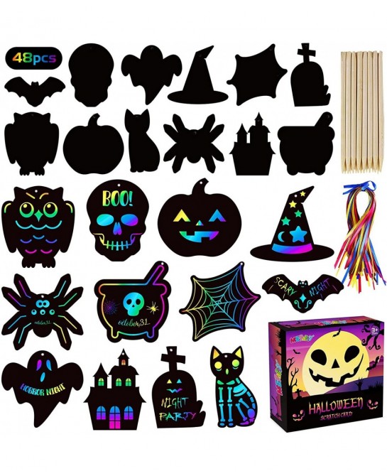 Scratch Paper Craft for Kids - 48 Pcs Halloween Magic Rainbow Scratch Paper Off Cards Set for Kids Crafts Arts Supplies Hallo...