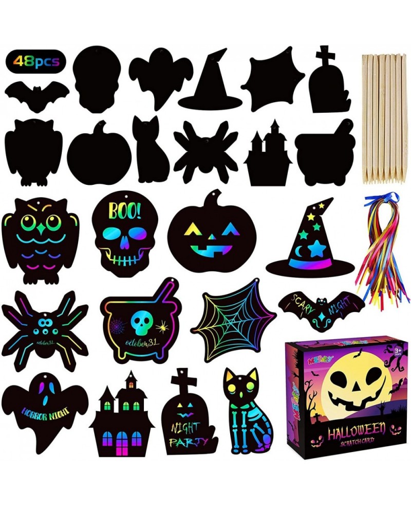 Scratch Paper Craft for Kids - 48 Pcs Halloween Magic Rainbow Scratch Paper Off Cards Set for Kids Crafts Arts Supplies Hallo...