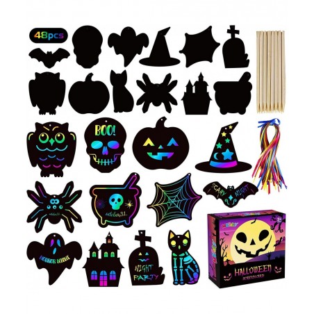 Scratch Paper Craft for Kids - 48 Pcs Halloween Magic Rainbow Scratch Paper Off Cards Set for Kids Crafts Arts Supplies Hallo...