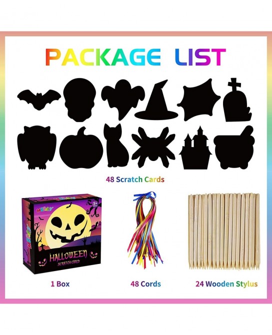 Scratch Paper Craft for Kids - 48 Pcs Halloween Magic Rainbow Scratch Paper Off Cards Set for Kids Crafts Arts Supplies Hallo...