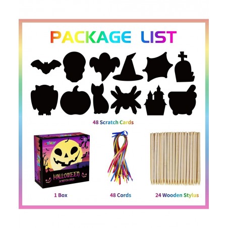 Scratch Paper Craft for Kids - 48 Pcs Halloween Magic Rainbow Scratch Paper Off Cards Set for Kids Crafts Arts Supplies Hallo...