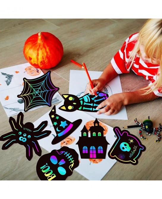Scratch Paper Craft for Kids - 48 Pcs Halloween Magic Rainbow Scratch Paper Off Cards Set for Kids Crafts Arts Supplies Hallo...