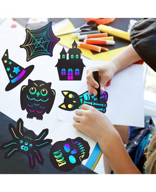 Scratch Paper Craft for Kids - 48 Pcs Halloween Magic Rainbow Scratch Paper Off Cards Set for Kids Crafts Arts Supplies Hallo...