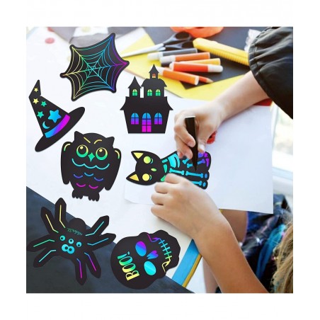 Scratch Paper Craft for Kids - 48 Pcs Halloween Magic Rainbow Scratch Paper Off Cards Set for Kids Crafts Arts Supplies Hallo...